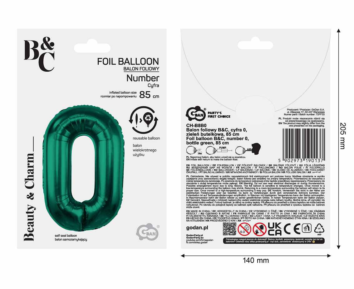 Foil balloon B&C, number 0, bottle green, 85 cm